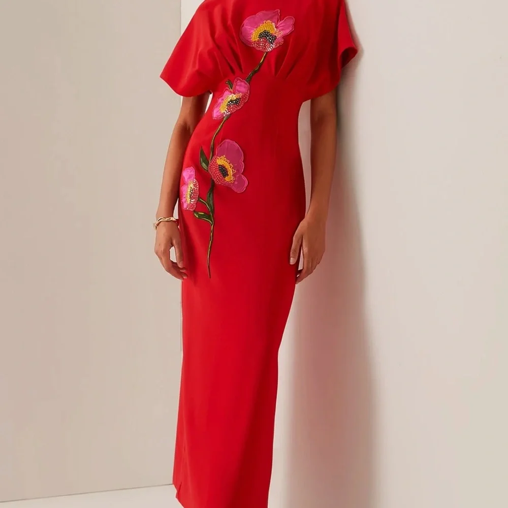FEHAUTE Red Applique Boat Neck Short Sleeve Backless Sheath Maxi Dress. Size 14 - Picture 1 of 11